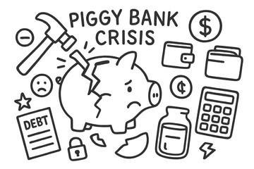 Piggy Bank Crisis. Hand-drawn doodle illustration Piggy bank crisis [piggy bank, hammer, crack, broken piece, coin, dollar sign, wallet, credit card,