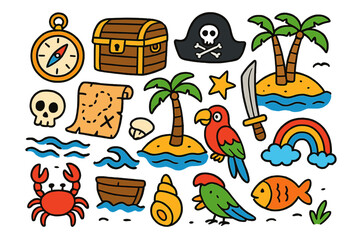 Fototapeta premium Island Adventure Doodles. Colorful Hand-drawn doodle Children illustration island adventure compass, treasure chest, pirate hat, palm tree, sword, map, skull,