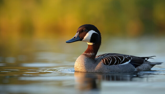 Northern pintail duck swims peacefully in calm lake water. Golden hour light bathes majestic avian, graceful silhouette. Serene wetland habitat, tranquil wildlife scene, peaceful birding environment.