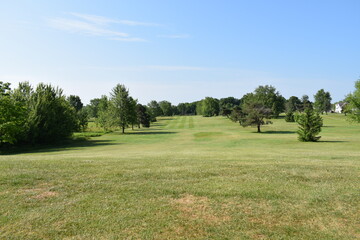 Looking from the tee-off starting point towards the golf course fairway.