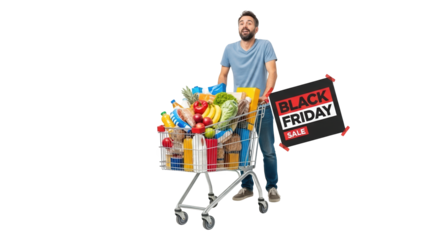 Man with full shopping cart and black friday sale sign isolated on transparent background