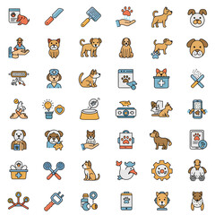A collection of colorful dog-related icons, illustrating various aspects of canine care and activities.