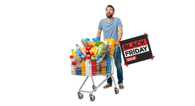 Man with full shopping cart and black friday sale sign isolated on transparent background