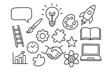 Creative Brainstorming Icons. Hand-drawn doodle illustration Creative brainstorming light bulb, speech bubble, rocket, paintbrush, palette, book, gear, puzzle