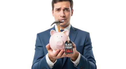 Man in suit looking worriedly at a piggy bank with a hammer about to smash it, black friday sale tag, isolated on transparent background