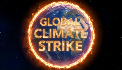 Earth globe encircled by fiery flames, text "GLOBAL CLIMATE STRIKE" centered