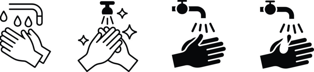 Handwashing icons set, hygiene symbol vector, clean hands graphic, water droplet illustration, soap washing design, black and white layout, health safety concept