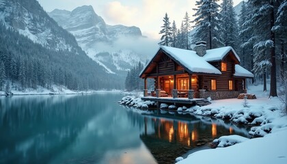 Fototapeta premium Cozy log cabin nestled by tranquil lake in winter wonderland. Snow blankets forest and mountains. Warm lights glow from windows, reflecting in serene water. Rustic, peaceful retreat.