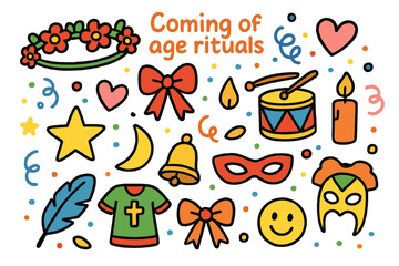 Doodle Coming-of-Age Symbols. Colorful Hand-drawn doodle Children illustration Coming of age rituals flower crown, ribbon, heart, candle, drum, star, moon,