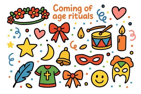Doodle Coming-of-Age Symbols. Colorful Hand-drawn doodle Children illustration Coming of age rituals flower crown, ribbon, heart, candle, drum, star, moon,