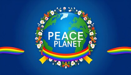 Earth globe, encircled by flowers and a rainbow ribbon, with the words "PEACE PLANET" in bold letters