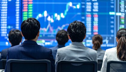 Businesspeople view financial data on large screen