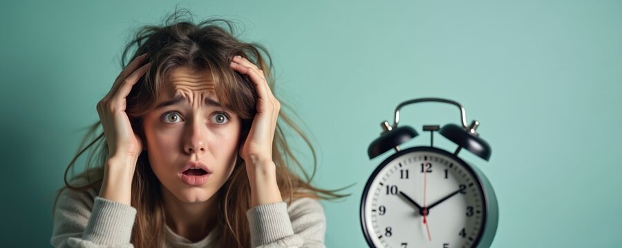 Young woman shows distress near alarm clock. Tousled hair, wide eyes, puffed cheeks convey shock, morning dread. Insomnia, sleep disorder struggle, late waking up issues, daily schedule upset. Copy