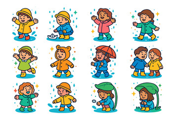 Playful Rainy Day Icons. Colorful isometric vector icons set of children playing in rain: jumping in puddle, paper boat floating, catching raindrops, splashing