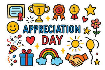 Children's Celebration Icons. Colorful Hand-drawn doodle Children illustration Appreciation Day [certificate, trophy, ribbon, medal, smiling face, heart, star,