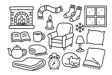 Cozy Winter Doodle. Hand-drawn doodle illustration cozy evenings fireplace, armchair, book, mug, candle, scarf, lamp, socks, snowflake, pillow, cat, blanket,