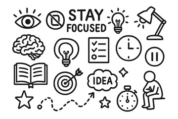 Fototapeta premium Stay Focused Doodle Icons. Hand-drawn doodle illustration Stay Focused eye icon, no phone sign, light bulb, desk lamp, brain, checklist, pause button, clock,