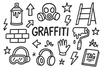 Graffiti Tools Doodle. Hand-drawn doodle illustration Graffiti mural art spray can, paint drips, ladder, mask, wall bricks, roller, arrows, star shapes, bold