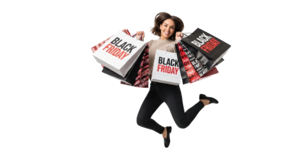 A happy woman jumping with shopping bags and boxes labeled black friday, isolated on transparent background