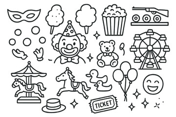 Carnival Celebration Doodles. Hand-drawn doodle illustration [Carnival day celebration] [clown, mask, juggling balls, popcorn box, cotton candy, prize teddy