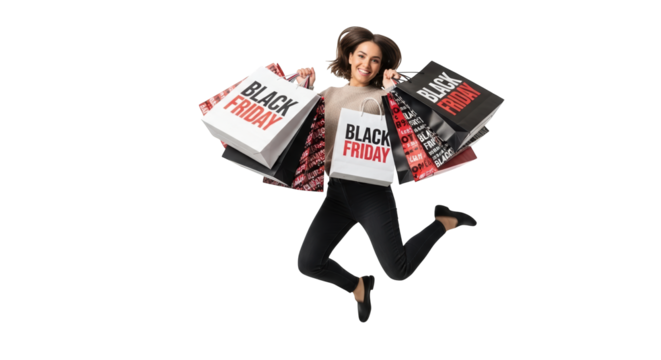 A happy woman jumping with shopping bags and boxes labeled black friday, isolated on transparent background