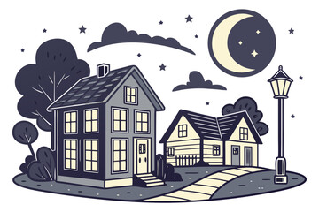 Fototapeta premium Whimsical night scene with charming houses, crescent moon, and twinkling stars evoking a peaceful neighborhood vibe originally created as scalable vector art
