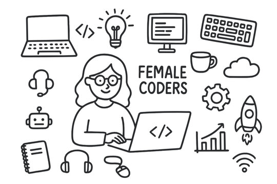 Female Coders Doodle. Hand-drawn doodle illustration [Female coders] [laptop, code brackets, monitor, keyboard, mouse, lightbulb, gear, coffee cup, cloud,