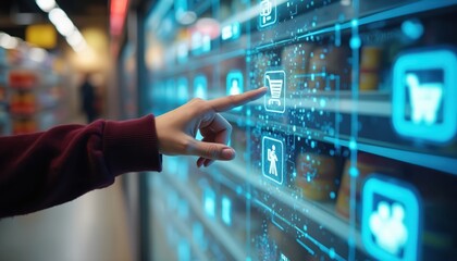 Hand interacts with smart supermarket display. Futuristic retail interface shows product selection via touch screen. Digital grocery shopping, modern convenience, information access on glowing blue