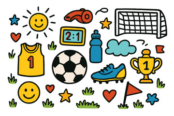 Fototapeta premium Colorful Soccer Doodle. Colorful Hand-drawn doodle Children illustration sports field soccer ball, goalpost, whistle, shoes, jersey, water bottle, scoreboard,