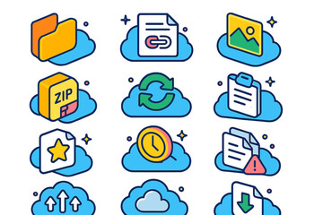 Colorful Cloud Icons. Colorful isometric vector icons set of cloud file management: open cloud folder, shared document, image preview icon, zip file in cloud,