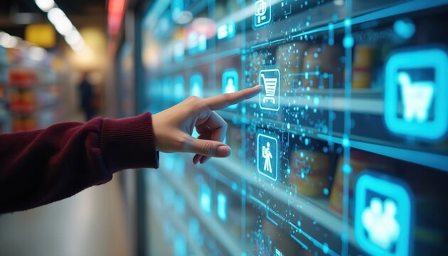 Hand interacts with smart supermarket display. Futuristic retail interface shows product selection via touch screen. Digital grocery shopping, modern convenience, information access on glowing blue