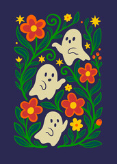 Cute Folk Art Halloween Ghosts with Flowers and Stars on Dark Background