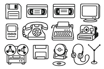 Obsolete Tech Icons. Hand-drawn doodle illustration Obsolete Tech Icons [floppy disk, cassette tape, VHS tape, CRT monitor, pager, old phone, typewriter, fax