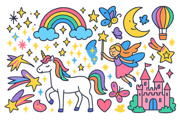 Magical Sky Wonders. Magical sky. Colorful Hand-drawn doodle Children illustration unicorn, rainbow, cloud, star, moon, fairy, sparkle, magic wand, hot air