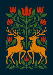 Folk Art Illustration of Two Deer with Antlers Surrounded by Red Flowers and Green Leaves on Dark Background