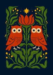 Folk Art Illustration of Two Owls with Decorative Flowers, Leaves, and Star on Dark Background