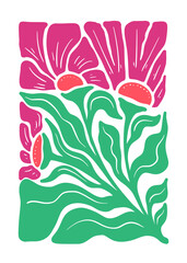 Flat Folk Art Floral Illustration in Bold Block Colors with Pink Flowers and Green Leaves