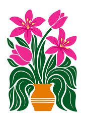 Folk Art Floral Illustration of Pink Lily and Tulip Flowers in Orange Vase with Green Leaves