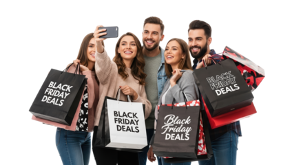 Group of happy young friends taking a selfie with shopping bags on black friday, isolated on transparent background