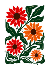 Folk Art Floral Illustration of Red and Orange Sunflower Style Flowers with Green Leaves