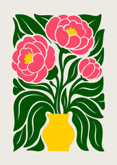 Folk Art Floral Illustration of Pink Peony Flowers in Vase with Green Leaves
