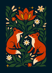 Folk Art Illustration of Two Red Foxes with Decorative Flowers and Leaves on Dark Background