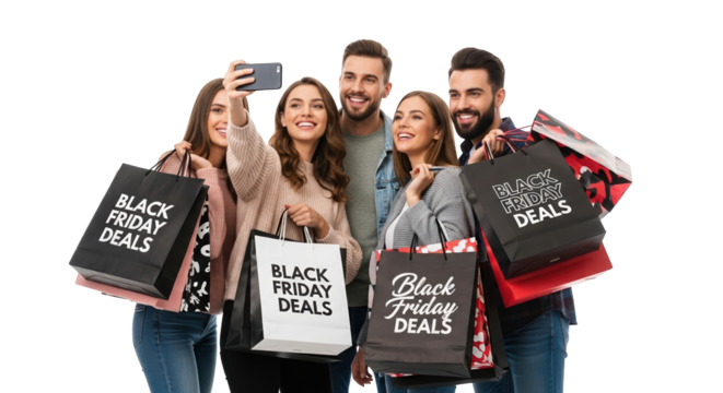 Group of happy young friends taking a selfie with shopping bags on black friday, isolated on transparent background