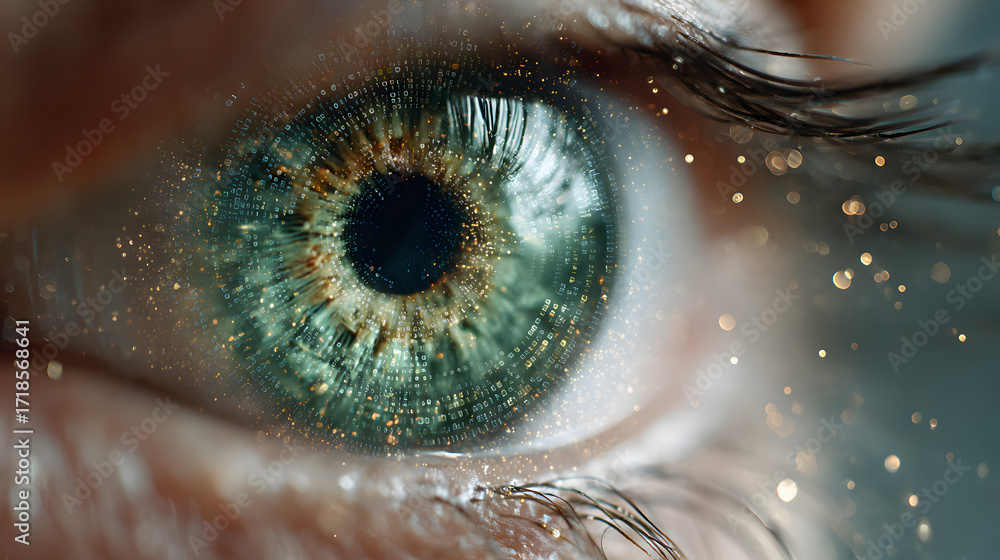 Poster close up of human eye with green iris on technology background representing cybersecurity and hackin