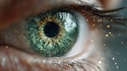 Close up of human eye with green iris on technology background representing cybersecurity and hacking