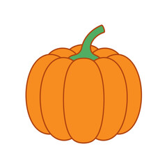 A simple flat illustration of a classic orange pumpkin with a green stem, isolated on a white background.