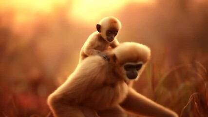 A heartwarming scene of a young monkey riding on the back of its mother, bathed in warm golden light.
