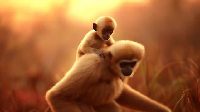 A heartwarming scene of a young monkey riding on the back of its mother, bathed in warm golden light.