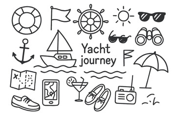 Yacht Journey Doodles. Hand-drawn doodle illustration Yacht journey [yacht, lifebuoy, flag, steering wheel, sun, sunglasses, anchor, ocean waves, map, GPS,