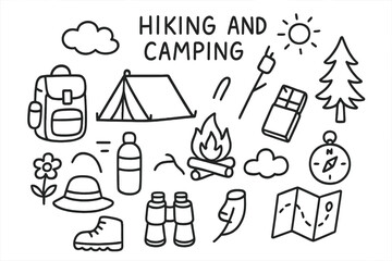 Fototapeta premium Hiking & Camping Icons. Hand-drawn doodle illustration Hiking and camping day [backpack, tent, marshmallow stick, campfire, chocolate bar, tree, sun, cloud,